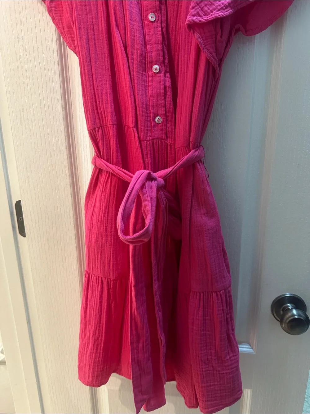GAP Bright Pink Button-Front Gauze Dress with Waist Tie